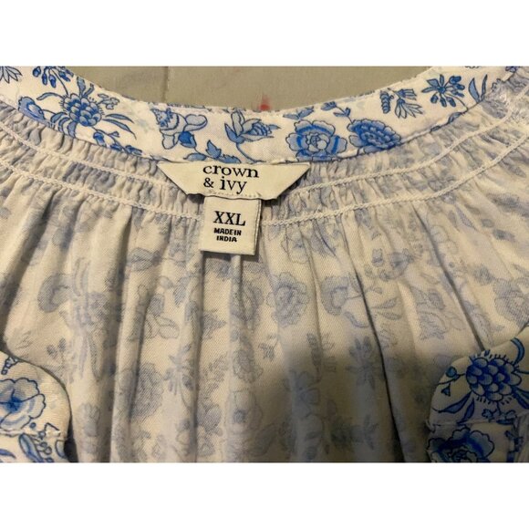 Crown & Ivy Women’s Top 2X Blue White Floral Peasant Blouse Boho Tunic Long Slee - Picture 5 of 12